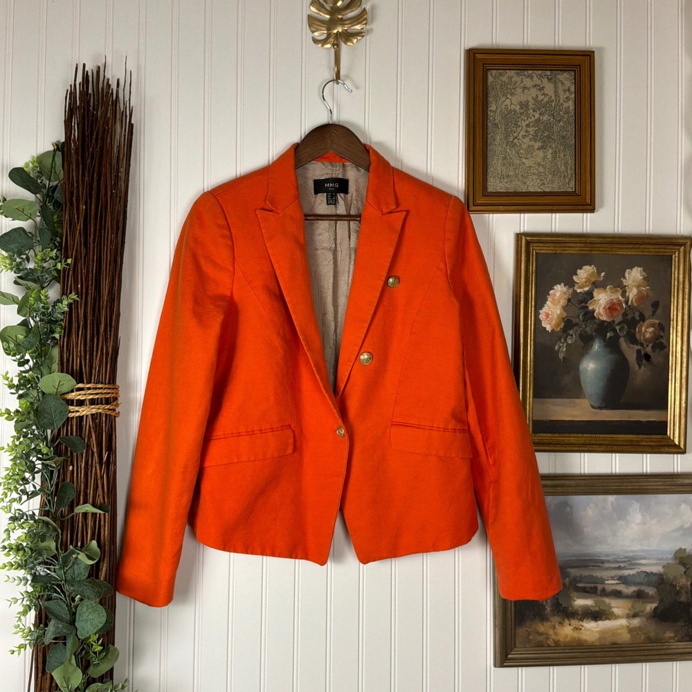 MNG Suit Blazer Womens Large Orange Good Gold Button Textured Crop